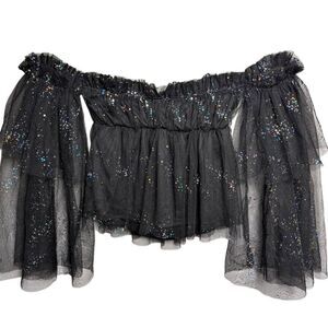 Symphony Black Iridescent Sequin Mesh Ruffle Off-Shoulder Bell Sleeve Top S